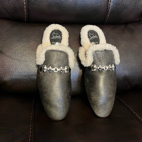 Christian Louboutin mens red bottom spike shearling leather loafer mules NWB - Picture 5 of 11